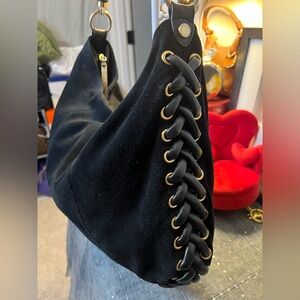 Tahari Black Suede & Braided Braided Leather Shoulder Bag